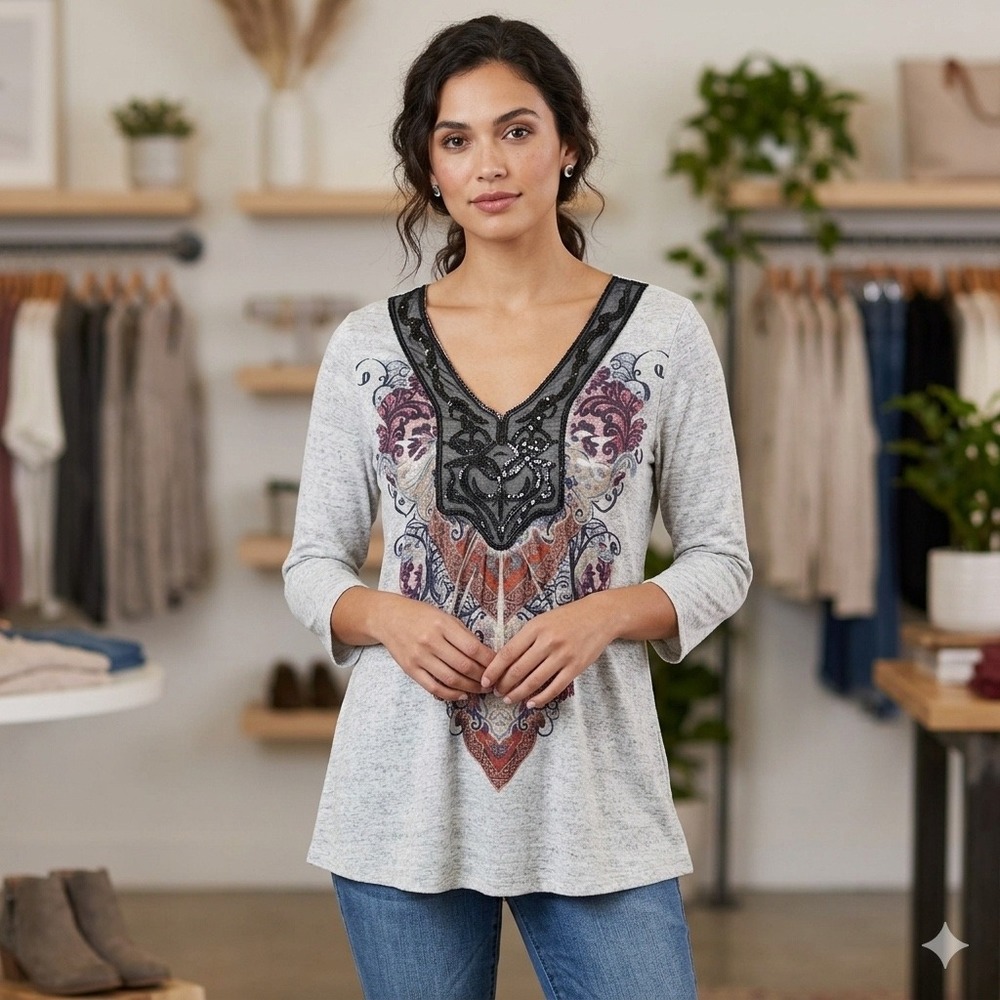 New Live and Let Live Womens Size Medium Top Boho Paisley Mesh V‎ Neck Grey